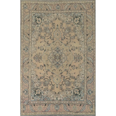 Peach Tabriz Vintage Persian Area Rug Hand-Knotted Wool Carpet - 6'8" x 9'8"