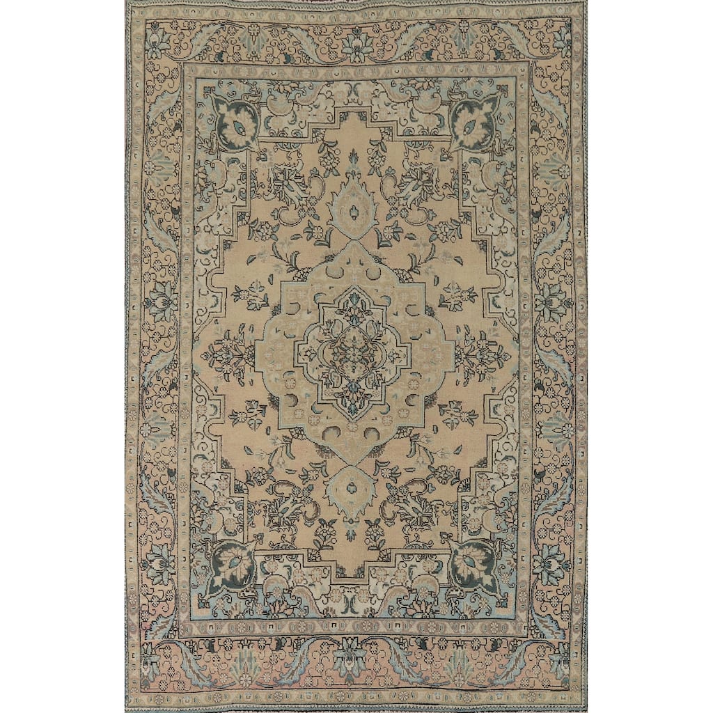 Peach Tabriz Vintage Persian Area Rug Hand-Knotted Wool Carpet - 6'8" x 9'8"