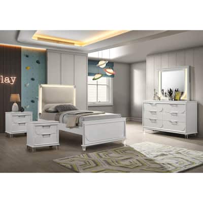 Furniture of America Drima Modern 5-Piece Pearl White Solid Wood Kids Platform Bedroom Set with LED