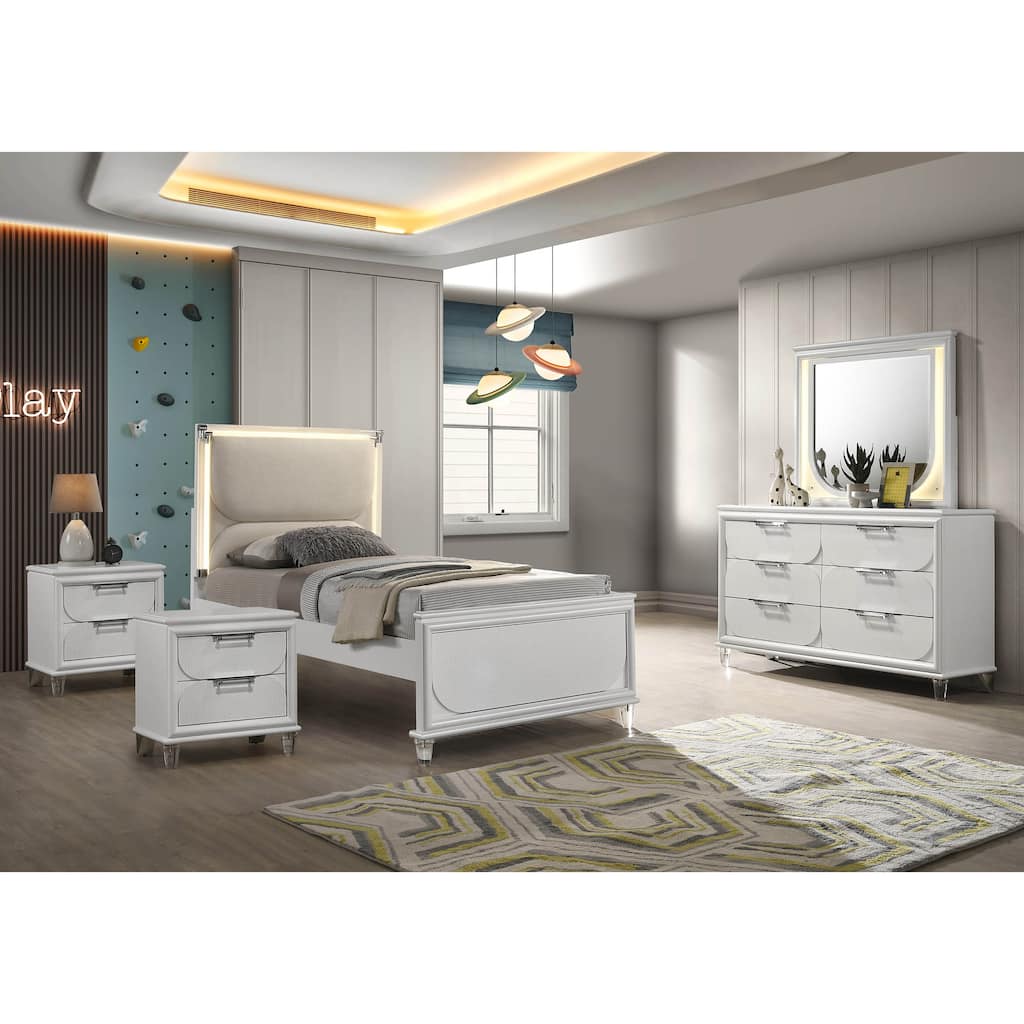 Furniture of America Drima Modern 5-Piece Pearl White Solid Wood Kids Platform Bedroom Set with LED