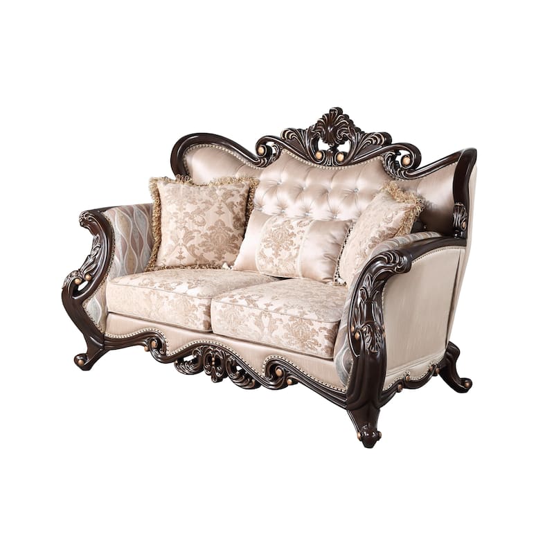 Cona 70 Inch Loveseat, Gold Carved Details, Brown, Button Tufted Beige