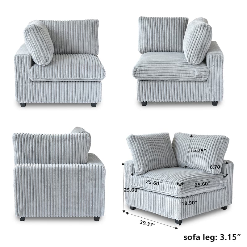 118" Modular V Shaped Sectional Couches with Ottoman, Removable Covers, Grey