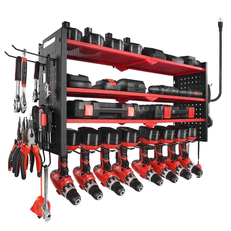 4-Tier Red Wall-Mounted Tool Organizer Rack with 8 Drill Slots and Pegboard Power Strip - 32.87 x 8.66 x 16.54 in