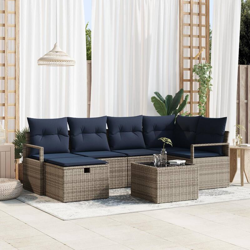 vidaXL 6/7 Garden Sofa Set with Cushions Black/Brown/Grey Poly Rattan - 91.3 x 48 x 27.2 - Grey with table