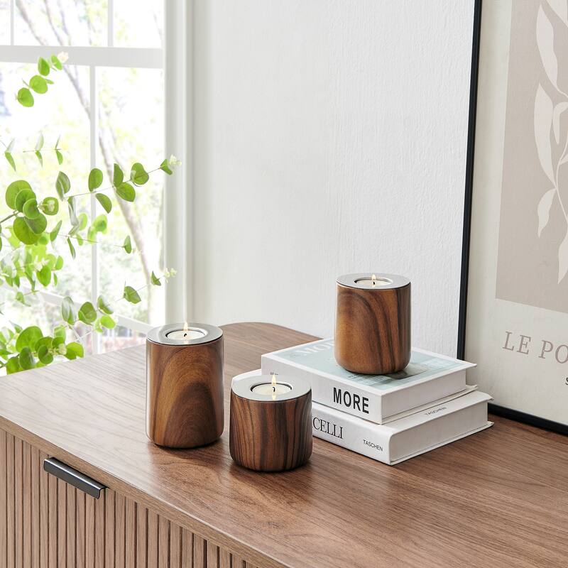 Cylindrical Tealight Candle Holders - 4.25" - Walnut Brown - Set of 3