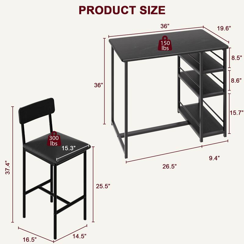 3 Piece Counter Height Bar Kitchen Table Set with 3 Storage Shelves for Apartment