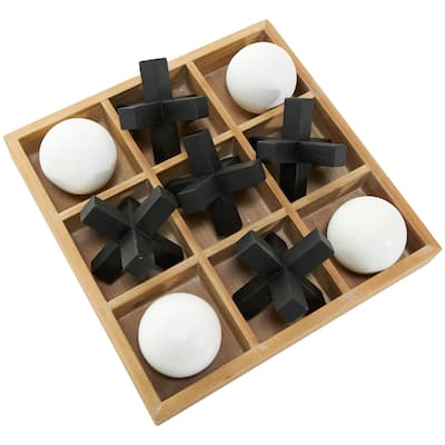Wood Tic Tac Toe Dimensional Game Set with 3D Black and White Game Pieces - Brown - Roche River Decor - 12"W x 12"L x 4"H
