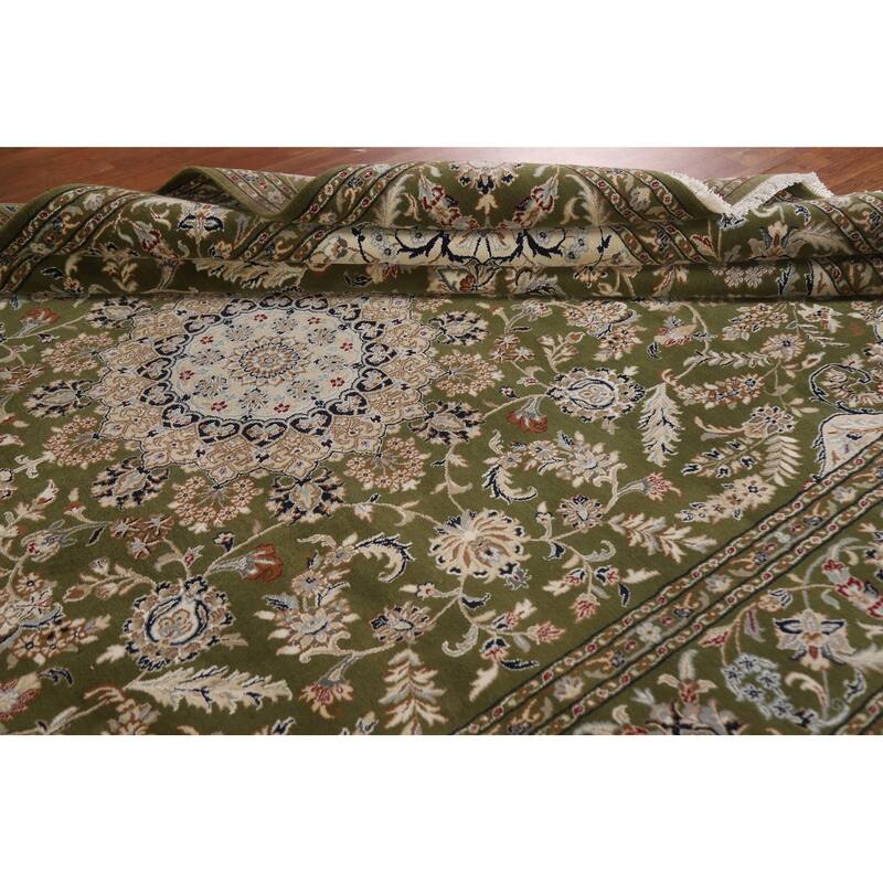 Traditional Green Kashan Oriental Area Rug Floral Wool & Silk Carpet - 9'0"x 12'0"