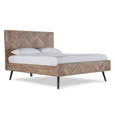 63 Inch Plank Style Eastern King Bed with Herringbone Pattern, Rustic Brown