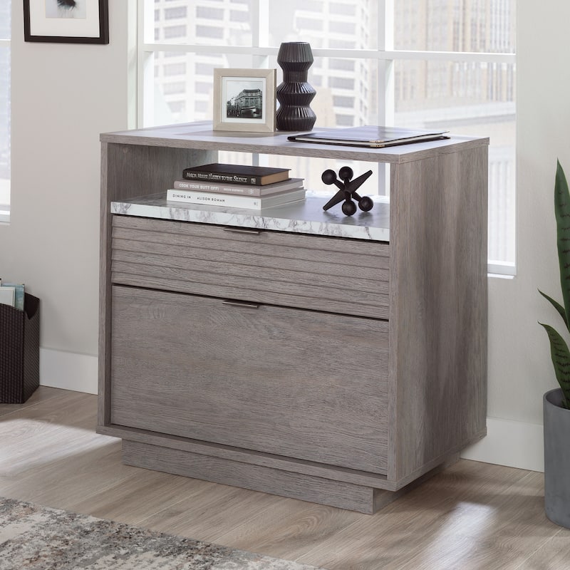 Gray 2-Drawer Lateral File Cabinet for Letter Legal Files with Marble Accent Top