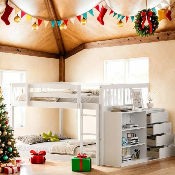 slide 2 of 54, Full over Full Bunk Bed with 4 Drawers and 3 Shelves,Full over Full Muti-Functional Bunk Bed White