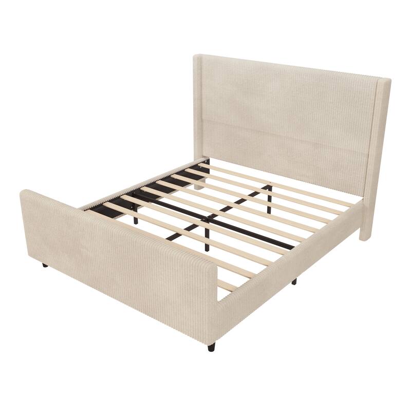 Cream Queen Size Corduroy Upholstered Platform Bed with Vertical Stripe Wingback and High Footboard