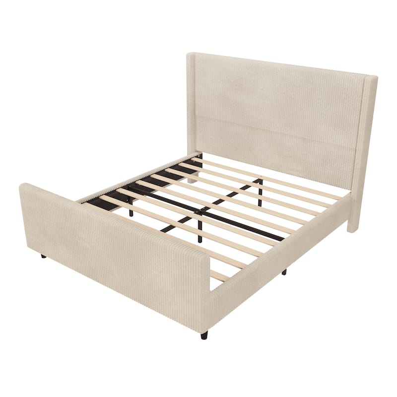 Vertical Stripe Wingback Bed Corduroy Fabric Frame Platform Bed
