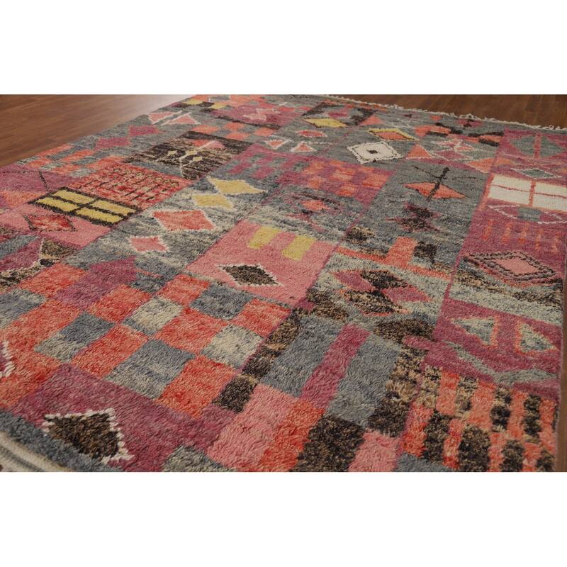 Geometric Plush Moroccan Oriental Rug Hand-Knotted Grey Wool Carpet - 7'9" x 10'5"