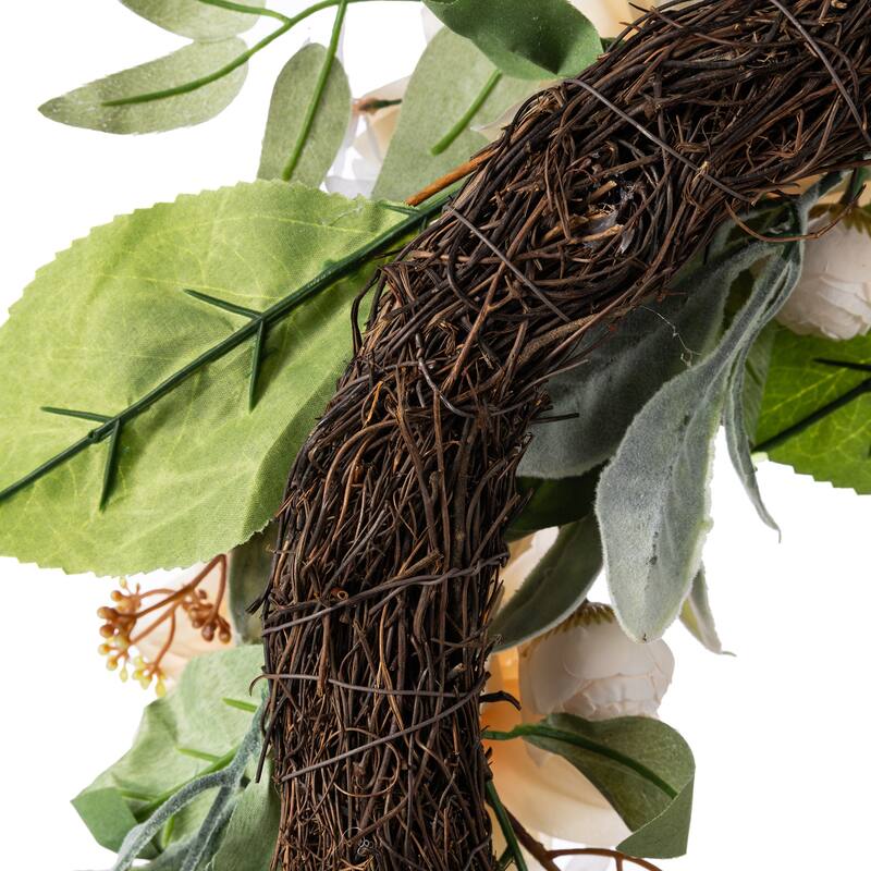 Glitzhome 24"D Artificial Floral Wreath with Peach Dahlia, Blue Peony & Hydrangea or Pink Hydrangea, Peony & Cherry