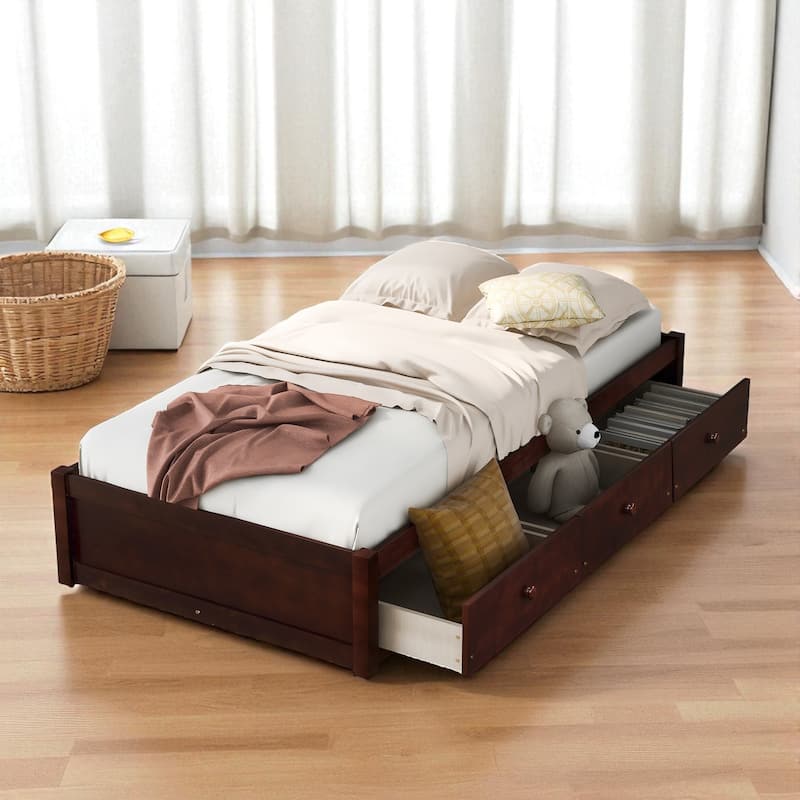 Twin Size Platform Bed with 3 Storage Drawers, Solid Pine Wood Frame and Slat Support