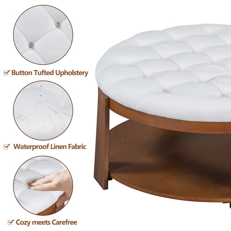 Round Ottoman Coffee Table 2-Tier Center Table with Shelf, Ivory White End Table Cocktail Table with Wheels