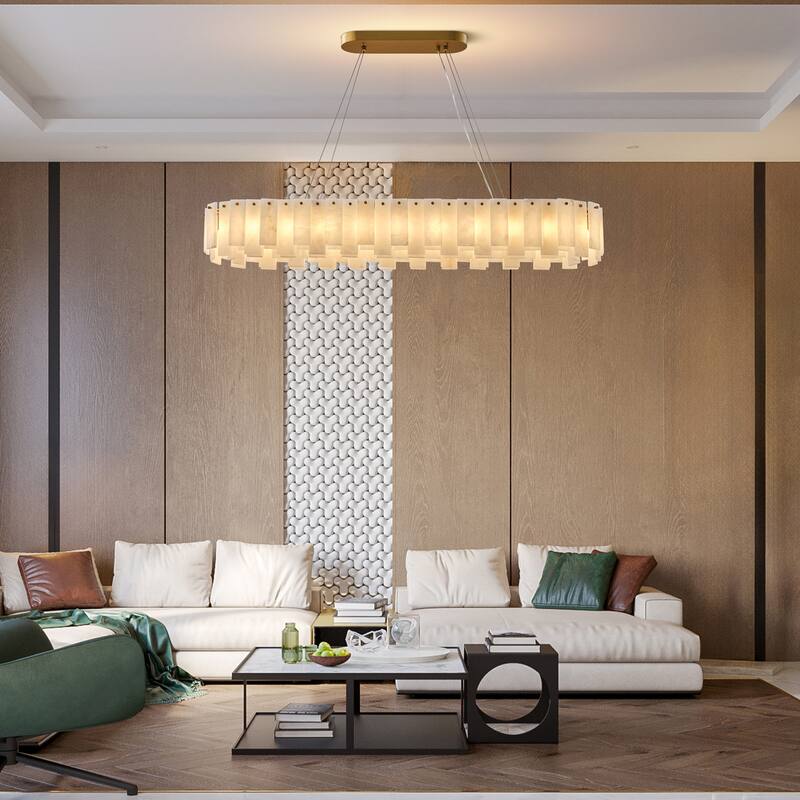 Modern Layered Alabaster Slice Chandelier, Round or Linear Pendant Light, D600-L1200 - Gold