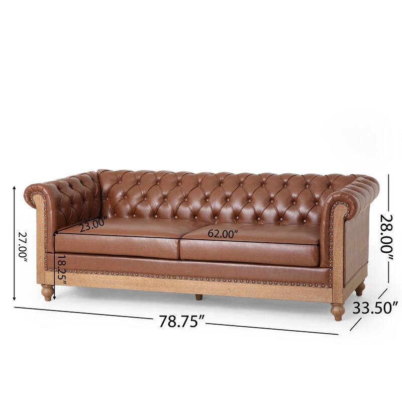 Elegant 3-Seater Couch with Pull-Tab Backrest and Rivet Detailing, Durable PU Leather