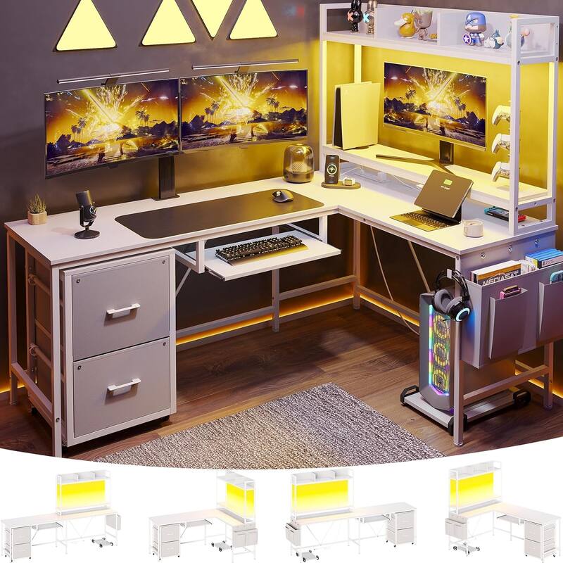 Reversible L Shaped Gaming Desk Power Outlet LED Light