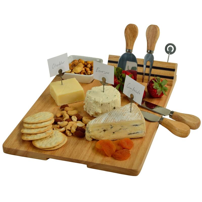Picnic at Ascot Monogrammed Hardwood Charcuterie Board with Cheeese Knife Set and Ceramic Dish