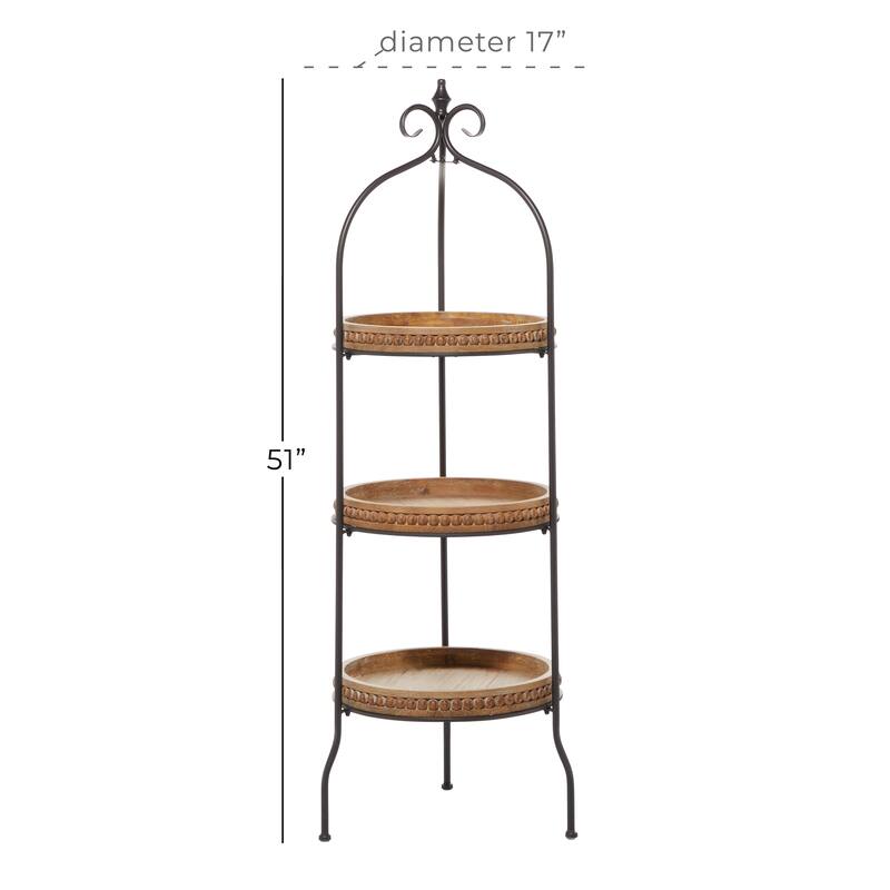 Brown Metal Arched Beaded 3 Shelves Shelving Unit with Scroll Top