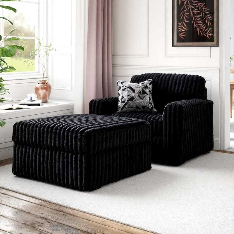 Roundhill Furniture Solenne Chair and Ottoman Set, Oversized Chair and Ottoman with Jumbo Corduroy Upholstery