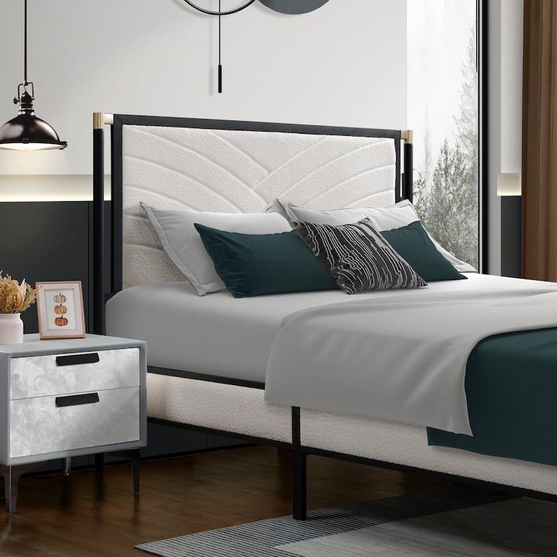 Full Size Platform Bed with White Boucle Headboard, Champagne Silver & Black Metal Frame