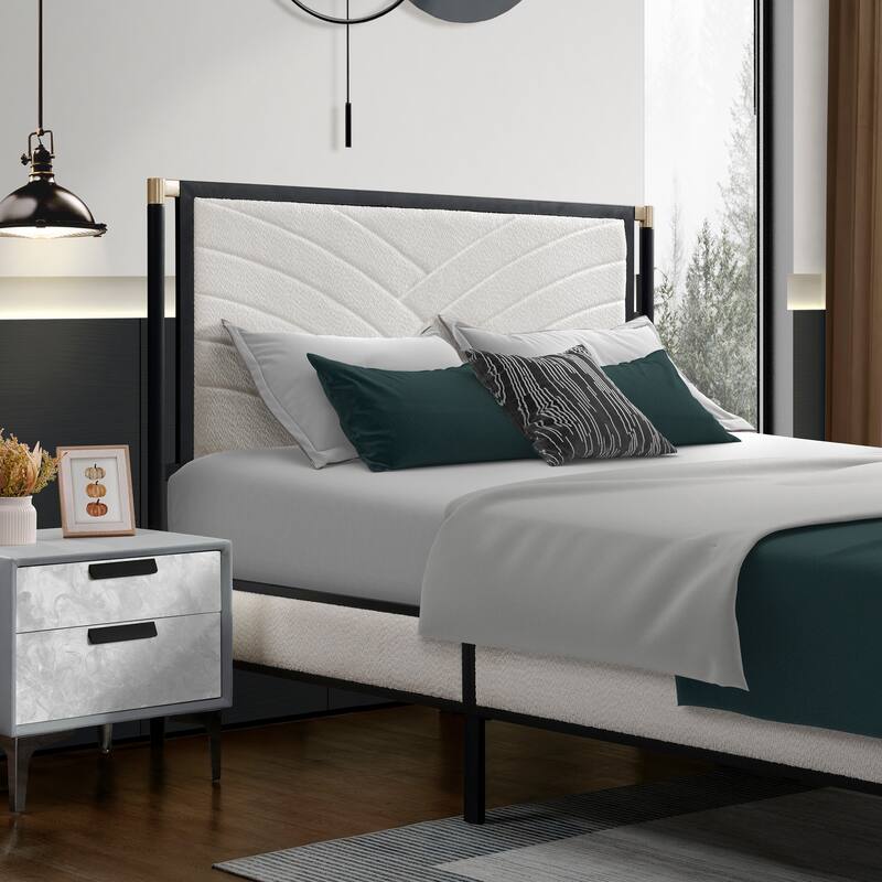 Queen Size Platform Bed with White Boucle Headboard, Champagne Silver and Black Frame