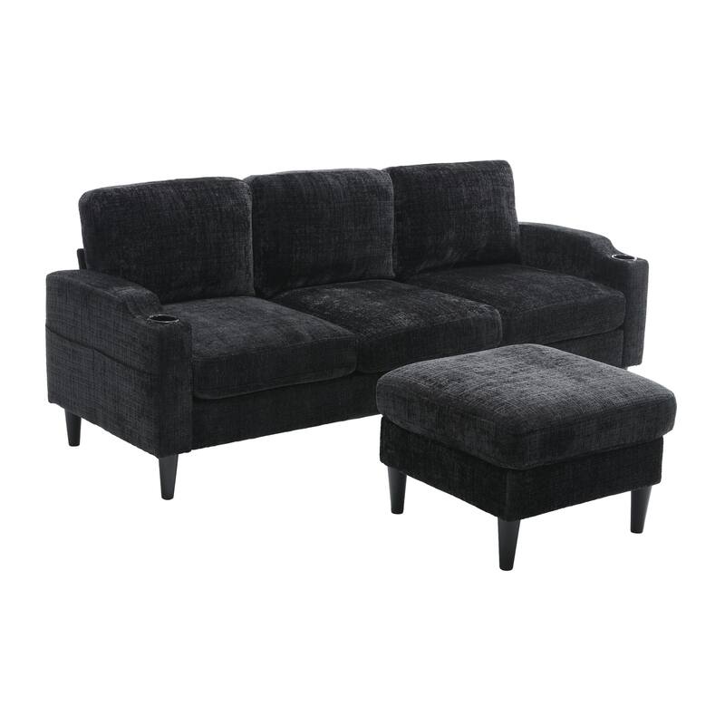 Modular Sectional Sofa with Storage Ottoman, Comfy Chenille Fabric Sofa, 3-Seater Sofa with Side Pockets & 2 Cup Holders
