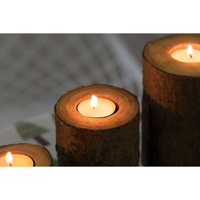 Bark Wooden Pillar Tree Stump Tea Light Rustic Candle Holder - Set of 3