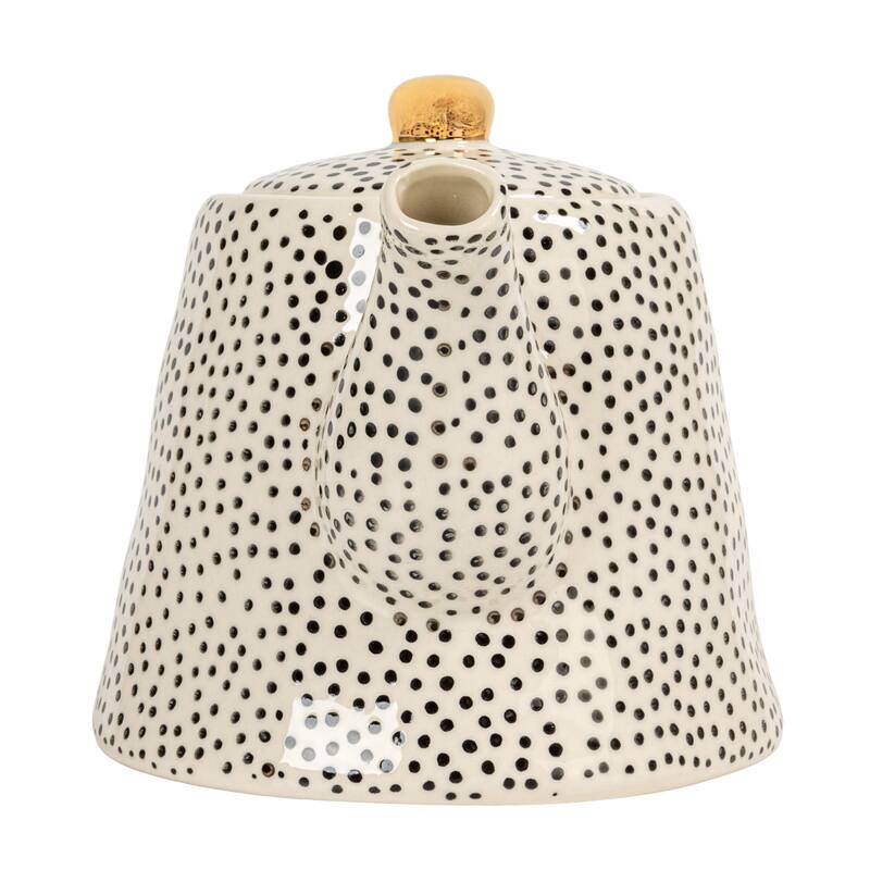 White Stoneware Teapot with Black Speckles & Gold Electroplating
