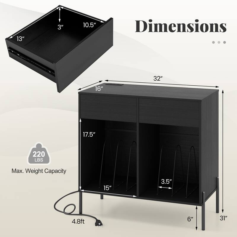 Modern Record Stand with USB Charging Station and 2 Drawer Storage Vinyl Album Organizer Shelf - 31.5" x 16" x 30.5"