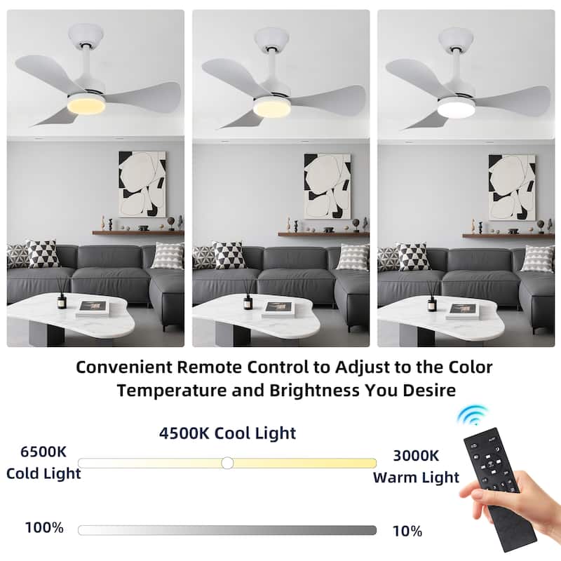 28 in. Modern Downrod Mount Ceiling Fan with 3-Color Light, 3 ABS Blades, Reversible DC Motor
