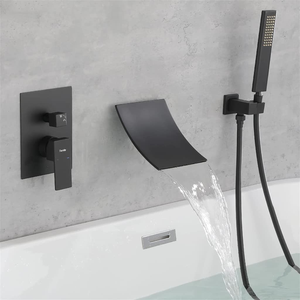 Wall Mounted Tub Faucet with Hand Shower Waterfall Tub Filler Single Hnadle Bathtub Faucet Matte Black