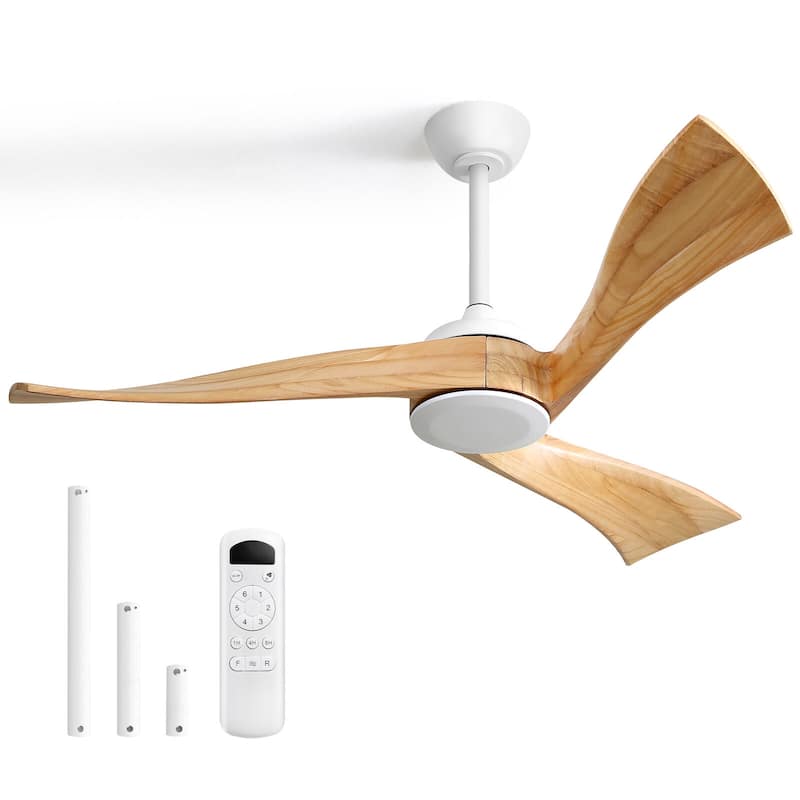 Sofucor 52 Inch Farmhouse Indoor&Outdoor Ceiling Fan with Remote,LED Light Optional - Without Light - White with Natural Wood Blades