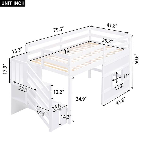 Twin Loft Bed with Storage Staircase & Window, White
