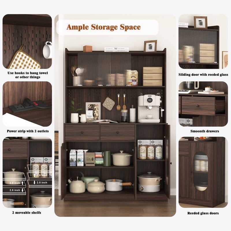 Anmytek Large Capacity 71 Inch Tall Kitchen Pantry Cabinet Reeded Glass Doors Microwave Stand Bakers Storage Rack