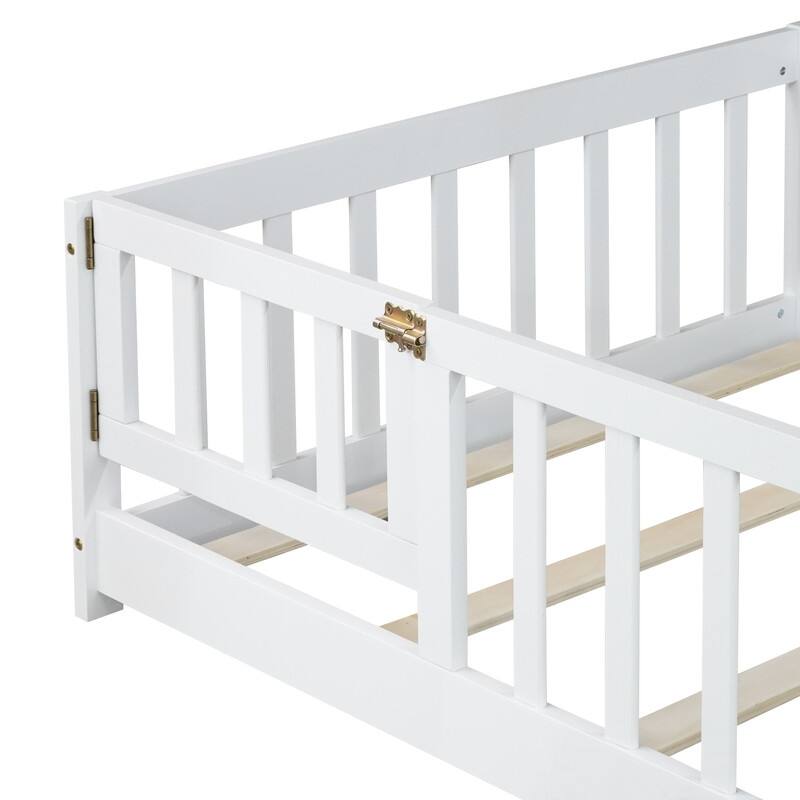 Twin Size Wood Floor Bed with Fence and Door, Safety Guardrails