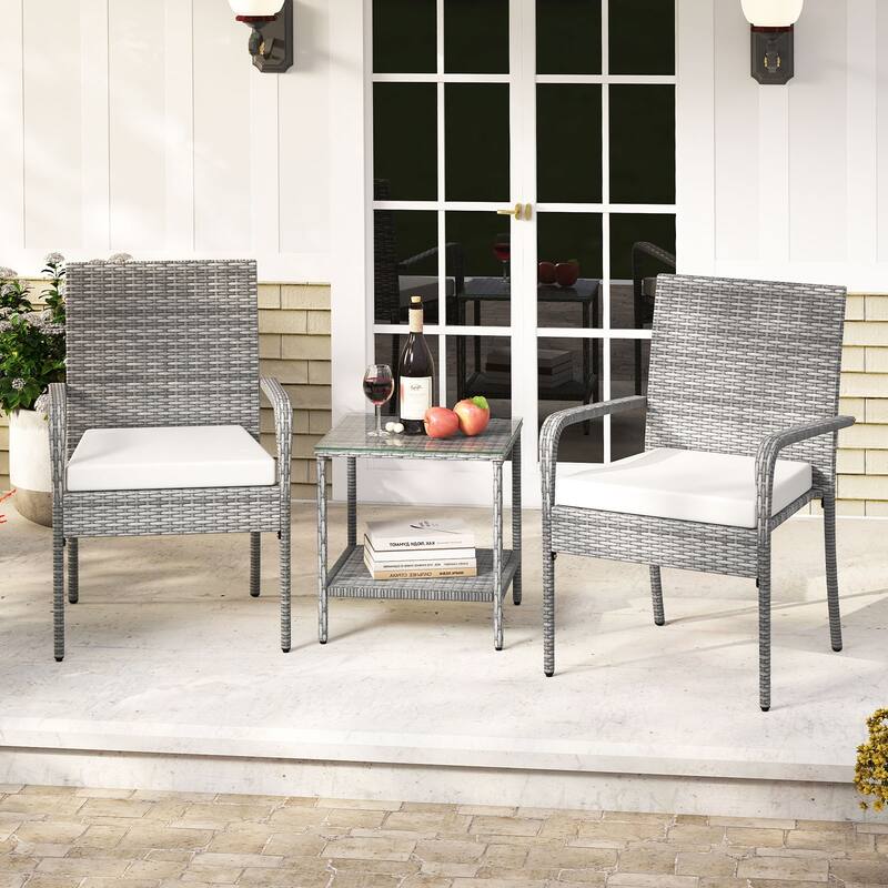 Gymax 3 Pieces Patio Furniture Set PE Rattan Porch Chairs w/ 2-Tier - White