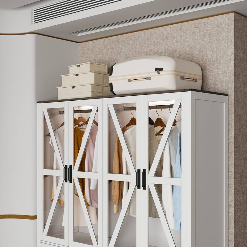 Wardrobe Closet with Glass Doors, 6 Cabinets, 2 Drawers & LED Hanging Rods Bedroom Armoire Storage Organizer