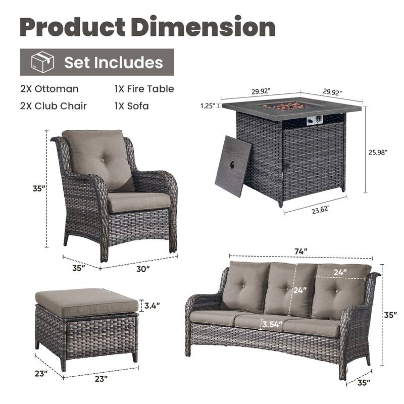Gymojoy 6-Piece Outdoor Wicker Patio Furniture with Fire Pit Table, Rattan Coversation Set with Water Resistant Thick Cushions