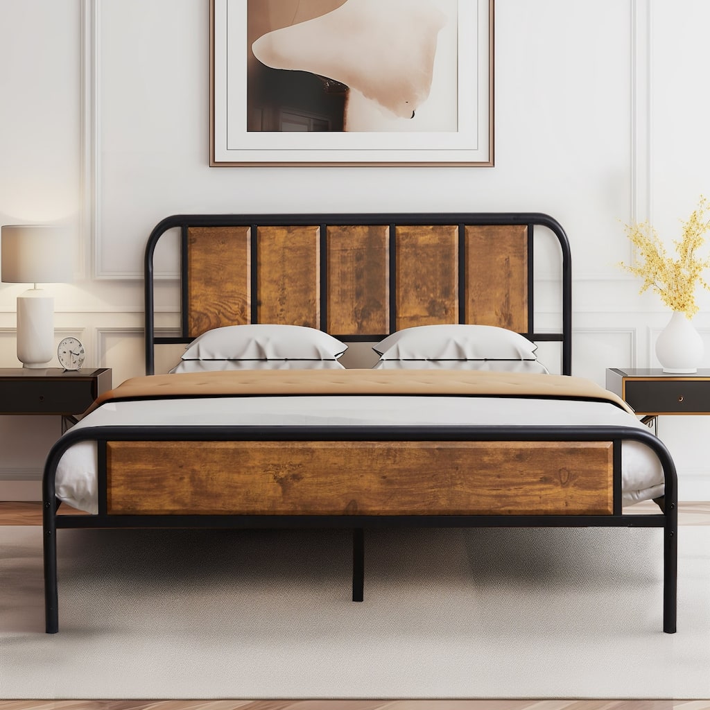 Javlergo Industrial Metal Platform Bed Frame with Headboard and Footboard, No Box Spring Needed, Rustic Brown