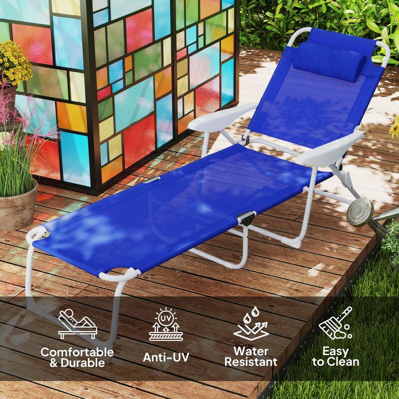 Foldable Adjustable Chaise Lounge Chair with Pillow and Armrests Portable Mesh Sun Lounger for Patio Poolside and Backyard