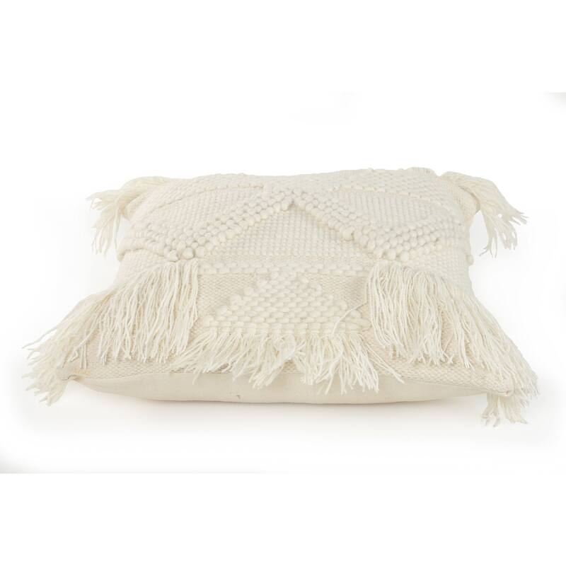 20" Off-White Textured Square Throw Pillow with Fringe