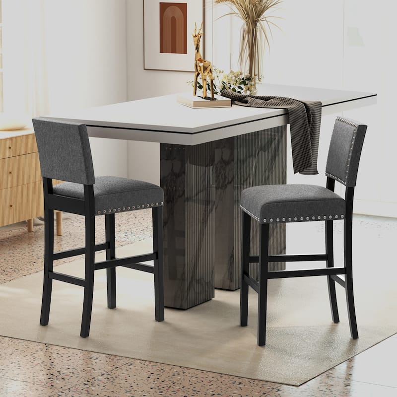 Set of 2 Counter Height Bar Stools with Footrest and Rubber Wood Frame Comfortable Seating
