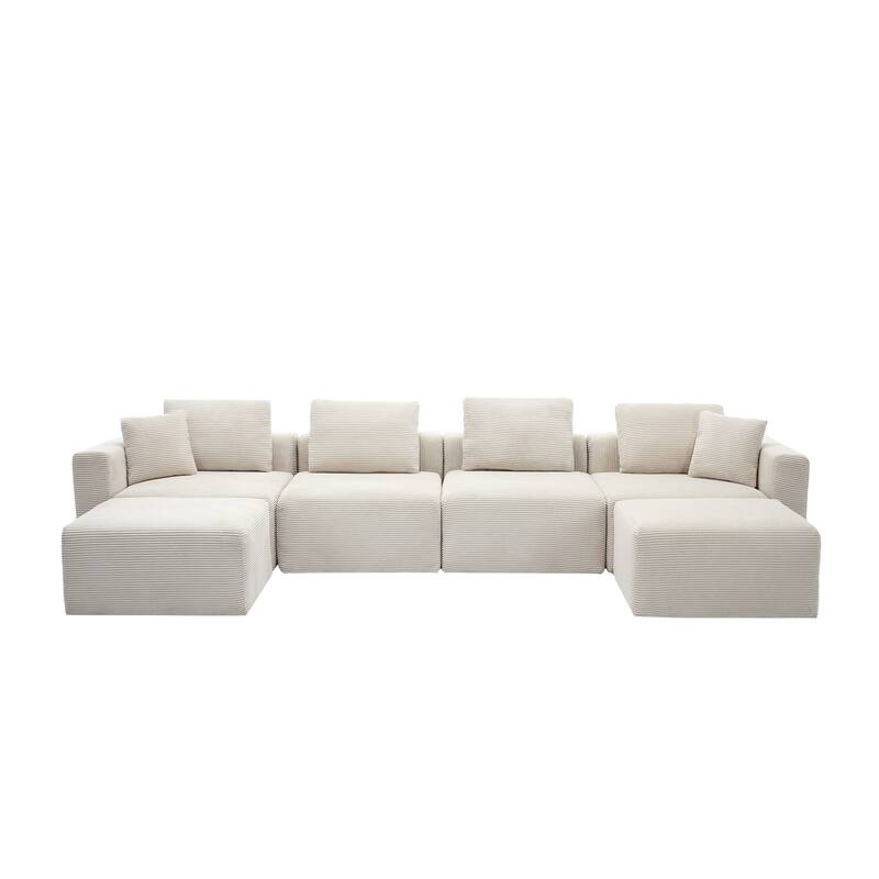 Corduroy Sectional Modular Sofa with Square Arms & Ottoman Extension for Flexible Arrangements - 4-Seater & 2 Ottomans - Off White