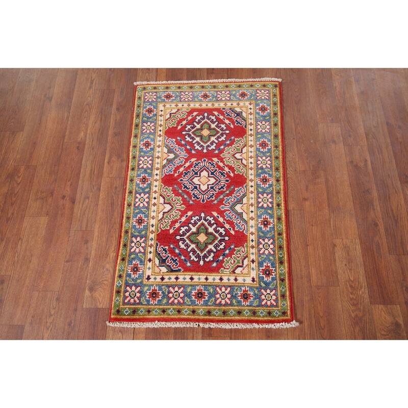 Hand Knotted Oriental 100% Wool Carpet Traditional Geometric Red Kazak Area Rug - 3' 0'' X 1' 10''