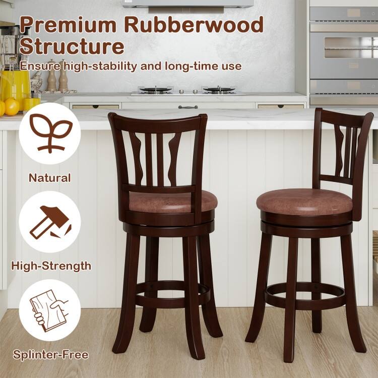 Set of 2 Cappuccino Rubber Wood MDF Faux Leather Swivel Bar Stools with Footrest