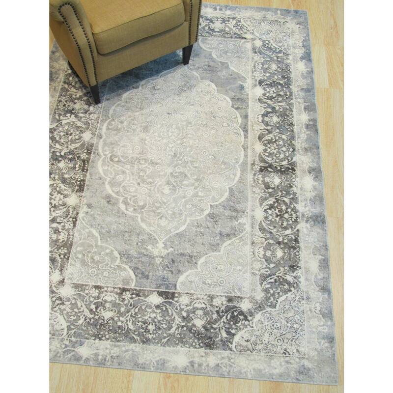 Gray Machine-Made Polyester Traditional Distressed Medallion Rug, 5'3 x 7'6 - Sleek durable rug with modern vintage appeal.